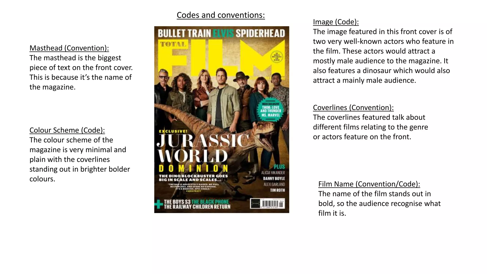 Codes and conventions:
Masthead (Convention):
The masthead is the biggest
piece of text on the front cover.
This is because it’s the name of
the magazine.
Colour Scheme (Code):
The colour scheme of the
magazine is very minimal and
plain with the coverlines
standing out in brighter bolder
colours.
Image (Code):
The image featured in this front cover is of
two very well-known actors who feature in
the film. These actors would attract a
mostly male audience to the magazine. It
also features a dinosaur which would also
attract a mainly male audience.
Coverlines (Convention):
The coverlines featured talk about
different films relating to the genre
or actors feature on the front.
Film Name (Convention/Code):
The name of the film stands out in
bold, so the audience recognise what
film it is.
 