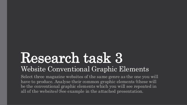 Research task 3
Website Conventional Graphic Elements
Select three magazine websites of the same genre as the one you will
have to produce. Analyse their common graphic elements (these will
be the conventional graphic elements which you will see repeated in
all of the websites) See example in the attached presentation.
 