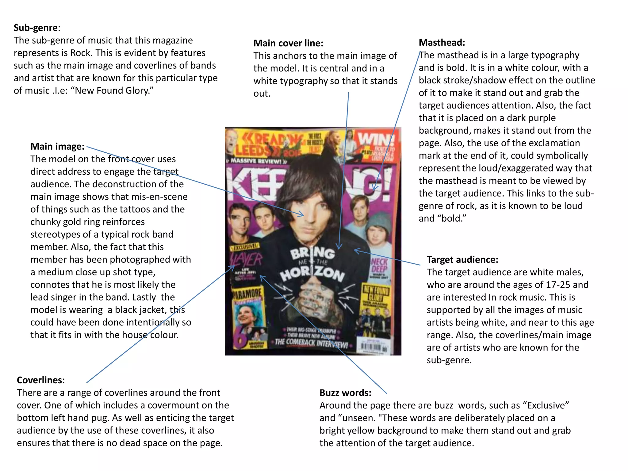 Sub-genre:
The sub-genre of music that this magazine
represents is Rock. This is evident by features
such as the main image and coverlines of bands
and artist that are known for this particular type
of music .I.e: “New Found Glory.”
Masthead:
The masthead is in a large typography
and is bold. It is in a white colour, with a
black stroke/shadow effect on the outline
of it to make it stand out and grab the
target audiences attention. Also, the fact
that it is placed on a dark purple
background, makes it stand out from the
page. Also, the use of the exclamation
mark at the end of it, could symbolically
represent the loud/exaggerated way that
the masthead is meant to be viewed by
the target audience. This links to the sub-
genre of rock, as it is known to be loud
and “bold.”
Target audience:
The target audience are white males,
who are around the ages of 17-25 and
are interested In rock music. This is
supported by all the images of music
artists being white, and near to this age
range. Also, the coverlines/main image
are of artists who are known for the
sub-genre.
Main image:
The model on the front cover uses
direct address to engage the target
audience. The deconstruction of the
main image shows that mis-en-scene
of things such as the tattoos and the
chunky gold ring reinforces
stereotypes of a typical rock band
member. Also, the fact that this
member has been photographed with
a medium close up shot type,
connotes that he is most likely the
lead singer in the band. Lastly the
model is wearing a black jacket, this
could have been done intentionally so
that it fits in with the house colour.
Coverlines:
There are a range of coverlines around the front
cover. One of which includes a covermount on the
bottom left hand pug. As well as enticing the target
audience by the use of these coverlines, it also
ensures that there is no dead space on the page.
Buzz words:
Around the page there are buzz words, such as “Exclusive”
and “unseen. "These words are deliberately placed on a
bright yellow background to make them stand out and grab
the attention of the target audience.
Main cover line:
This anchors to the main image of
the model. It is central and in a
white typography so that it stands
out.
 