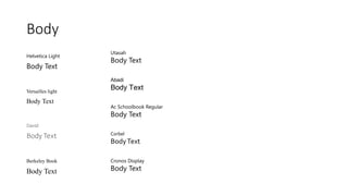 Body
Helvetica Light
Body Text
Versailles light
Body Text
David
Body Text
Berkeley Book
Body Text
Utasah
Body Text
Abadi
Body Text
Ac Schoolbook Regular
Body Text
Corbel
BodyText
Cronos Display
Body Text
 