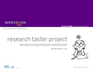 CS-GN-TEAM: internal presentation




research taster project
    temporal expressions extraction
                        Michele Filannino + You




                                                     Manchester, 15/02/2012
 