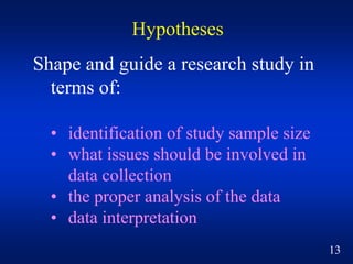 Hypotheses
Shape and guide a research study in
terms of:
• identification of study sample size
• what issues should be inv...