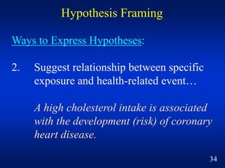 Ways to Express Hypotheses:
2. Suggest relationship between specific
exposure and health-related event…
A high cholesterol...