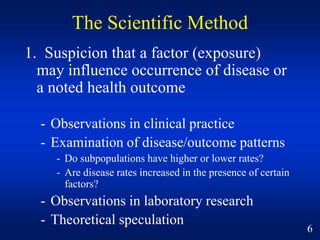 The Scientific Method
1. Suspicion that a factor (exposure)
may influence occurrence of disease or
a noted health outcome
...