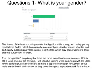 Questions 1- What is your gender?
This is one of the least surprising results that I got form this survey, as I mainly got my
results from Reddit, which has a mostly male user base. Another reason why this isn't
particularly surprising as ‘male suicide’ is in the title, which may cause women to think
that this survey isn't for them.
Even though it isn't surprising that there are more male than female answers, 20% is
still a large chunk of the answers. I will keep his in mind when coming up with the ideas
for my campaign, as it could useful to make a separate campaign for women, about
male mental health and suicide, as they could be a good support network for the issue.
 