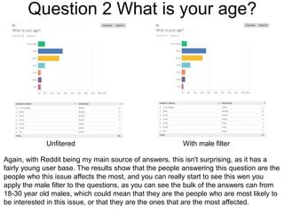 Question 2 What is your age?
Again, with Reddit being my main source of answers, this isn't surprising, as it has a
fairly young user base. The results show that the people answering this question are the
people who this issue affects the most, and you can really start to see this wen you
apply the male filter to the questions, as you can see the bulk of the answers can from
18-30 year old males, which could mean that they are the people who are most likely to
be interested in this issue, or that they are the ones that are the most affected.
With male filterUnfitered
 