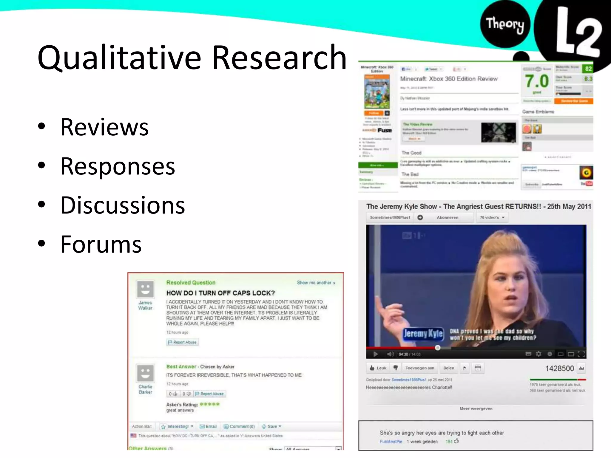 Qualitative Research
• Reviews
• Responses
• Discussions
• Forums
 