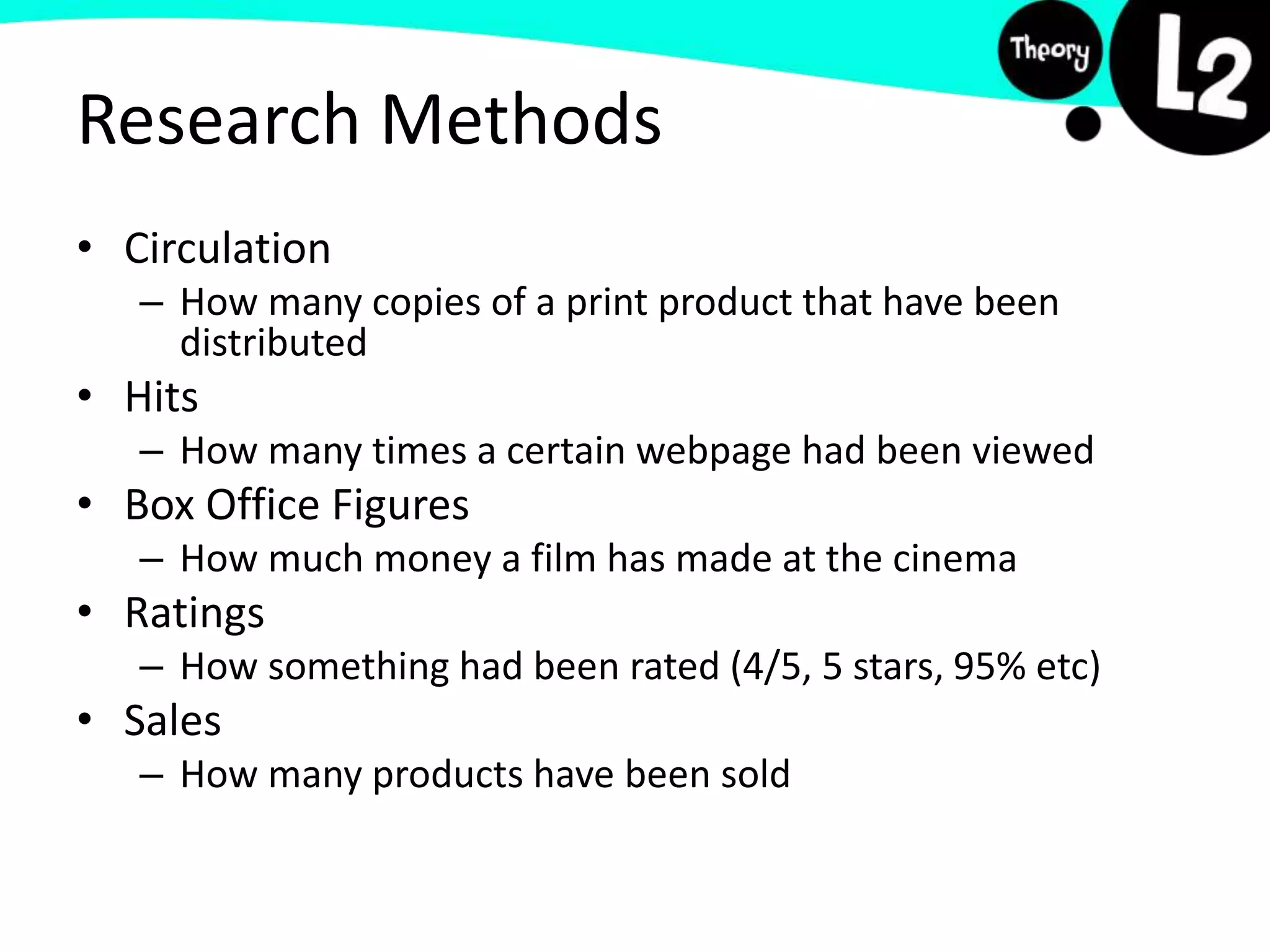 Research Methods
• Circulation
– How many copies of a print product that have been
distributed
• Hits
– How many times a certain webpage had been viewed
• Box Office Figures
– How much money a film has made at the cinema
• Ratings
– How something had been rated (4/5, 5 stars, 95% etc)
• Sales
– How many products have been sold
 