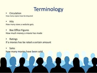 Terminology
• Circulation
How many copies have be disputed
• Hits
How many views a website gets.
• Box Office Figures
How much money a movie has made
• Ratings
If a movies has be rated a certain amount
• Sales
how many movies have been sold.
 