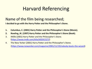 Harvard Referencing
Name of the film being researched;
I decided to go with the Harry Potter and the Philosopher's Stone.
1. Columbus, C. (2001) Harry Potter and the Philosopher's Stone (Movie).
2. Rowling, JK. (1997) Harry Potter and the Philosopher's Stone (Book).
3. IMDb (2001) Harry Potter and the Philosopher's Stone.
(https://www.imdb.com/title/tt0241527/)
4. The New Yorker (2001) Harry Potter and the Philosopher's Stone.
(https://www.newyorker.com/magazine/2001/11/19/nobody-beats-the-wizard)
 