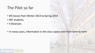 The Pilot so far
• 69 classes from Winter 2013 to Spring 2014
• 997 students
• 4 librarians
• In many cases, information in the class copies over from term to term
 
