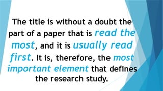 Question Title Examples SAMPLE RESEARCH TITLE AND QUESTION PRESENTATION | PPTX