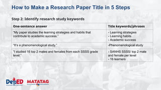 DEPARTMENT OF EDUCATION
How to Make a Research Paper Title in 5 Steps
Step 2: Identify research study keywords
One-sentence answer Title keywords/phrases
“My paper studies the learning strategies and habits that
contribute to academic success.”
- Learning strategies
- Learning habits
- Academic success
“It’s a phenomenological study.” -Phenomenological study
“I studied 16 top 2 males and females from each SSSS grade
level.”
- SANHS SSSS/ top 2 male
and female per level
- 16 learners
 