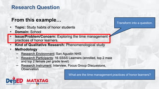 DEPARTMENT OF EDUCATION
Research Question
From this example… Transform into a question.
What are the time management practices of honor learners?
 