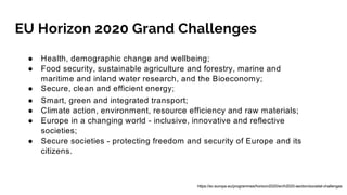 EU Horizon 2020 Grand Challenges
● Health, demographic change and wellbeing;
● Food security, sustainable agriculture and forestry, marine and
maritime and inland water research, and the Bioeconomy;
● Secure, clean and efficient energy;
● Smart, green and integrated transport;
● Climate action, environment, resource efficiency and raw materials;
● Europe in a changing world - inclusive, innovative and reflective
societies;
● Secure societies - protecting freedom and security of Europe and its
citizens.
https://ec.europa.eu/programmes/horizon2020/en/h2020-section/societal-challenges
 