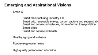Emerging and Aspirational Visions
Smart-X
Smart manufacturing, Industry 4.0
Smart grid, renewable energy, carbon capture and sequestratio
Smart and connected vehicles, future of urban transportation
Smart cities
Smart and connected health
Healthy aging and wellness
Food-energy-water nexus
High quality personalized education
 