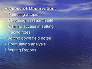 Process of Observation:Process of Observation:
• Selecting a topicSelecting a topic
• Choosing a research siteChoosing a research site
• Gaining access in settingGaining access in setting
• Taking rolesTaking roles
• Jotting down field notesJotting down field notes
• Formulating analysisFormulating analysis
• Writing ReportsWriting Reports
 