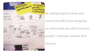 By asking people to draw your
money the IDEO team designing
an online bank was able to discern
people ‘s attitudes towards their
finances
 