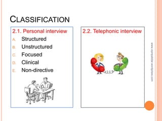 CLASSIFICATION
2.1. Personal interview
A. Structured
B. Unstructured
C. Focused
D. Clinical
E. Non-directive
2.2. Telephonic interview
www.vipinpatidar.wordpress.com
 