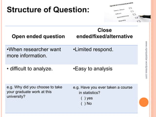www.vipinpatidar.wordpress.com
Structure of Question:
Open ended question
Close
ended/fixed/alternative
•When researcher want
more information.
•Limited respond.
• difficult to analyze. •Easy to analysis
e.g. Why did you choose to take
your graduate work at this
university?
e.g. Have you ever taken a course
in statistics?
( ) yes
( ) No
 