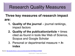 Research Quality Measures
Three key measures of research impact
are:
1. Quality of the journal – journal rankings,
impact factors
2. Quality of the publication/article = times
cited as found in tools like Web of Science,
Scopus and Google Scholar
3. Personal or departmental measure = h-
index
©2016-2017 Nader Ale Ebrahim
Source: http://guides.library.vu.edu.au/content.php?pid=251876&sid=2079929
 