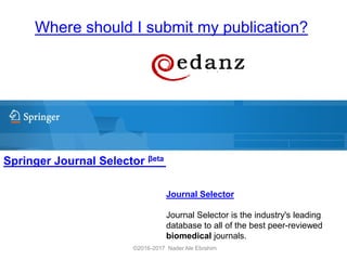 Where should I submit my publication?
Springer Journal Selector βeta
Journal Selector
Journal Selector is the industry's leading
database to all of the best peer-reviewed
biomedical journals.
©2016-2017 Nader Ale Ebrahim
 