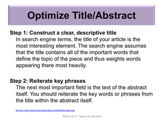 Optimize Title/Abstract
Step 1: Construct a clear, descriptive title
In search engine terms, the title of your article is the
most interesting element. The search engine assumes
that the title contains all of the important words that
define the topic of the piece and thus weights words
appearing there most heavily.
Step 2: Reiterate key phrases
The next most important field is the text of the abstract
itself. You should reiterate the key words or phrases from
the title within the abstract itself.
©2016-2017 Nader Ale Ebrahim
Source: http://authorservices.wiley.com/bauthor/seo.asp
 