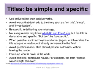 Titles: be simple and specific
• Use active rather than passive verbs.
• Avoid words that don’t add to the story such as: “on this”, “study”,
and “investigation”.
• Be specific in delivering your message:
• Not every reader may know what Akt and Foxo1 are, but the title is
declarative and specific. “But don’t be too specific”.
• When possible, avoid acronyms and other jargon, which renders the
title opaque to readers not already conversant in the field.
• Avoid question marks: titles should present outcomes, without
teasing the reader.
• Focus on what is novel in the work.
• Avoid complex, compound nouns. For example, the term “excess
water-weight remover”.
Source: http://blogs.nature.com/naturejobs/2015/07/10/publishing-high-impact-papers-natures-way
©2016-2017 Nader Ale Ebrahim
 