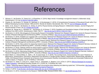 References
1. Akhavan, P., Ale Ebrahim, N., Fetrati, M. A., & Pezeshkan, A. (2016). Major trends in knowledge management research: a bibliometric study.
Scientometrics 1-16. doi:10.1007/s11192-016-1938-x
2. Shakiba, M., Ale Ebrahim, N., Danaee, M., Bakhtiyari, K., & Sundararajan, E. (2016). A Comprehensive Comparison of Educational Growth within Four
Different Developing Countries between 1990 and 2012. Revista de Gestão e Secretariado, 6(3), 152-174. doi:10.7769/gesec.v6i3.486
3. Müller, A. M., Ansari, P., Ale Ebrahim, N., & Khoo, S. (2015). Physical Activity and Aging Research: A Bibliometric Analysis. Journal Of Aging And
Physical Activity In Press. doi:10.1123/japa.2015-0188
4. Maghami, M., Navabi Asl, S., Rezadad, M. i., Ale Ebrahim, N., & Gomes, C. (2015). Qualitative and Quantitative Analysis of Solar hydrogen Generation
Literature From 2001 to 2014. Scientometrics 105(2), 759-771. : http://dx.doi.org/10.1007/s11192-015-1730-3
5. Ale Ebrahim, N. (2016). Microblogging for Enhancing the Research Accessibility. Retrieved from Research Support Unit, Centre for Research Services,
Institute of Research Management and Monitoring (IPPP)”, University of Malaya: https://dx.doi.org/10.6084/m9.figshare.3202093.v1
6. Ale Ebrahim, N. (2016). Establish your expertise with a science blog. Retrieved from Research Support Unit, Centre for Research Services, Institute of
Research Management and Monitoring (IPPP)”, University of Malaya: https://dx.doi.org/10.6084/m9.figshare.3185218.v1
7. Ale Ebrahim, N. (2016). Selecting a brand name for your research interest. Retrieved from Research Support Unit, Centre for Research Services,
Institute of Research Management and Monitoring (IPPP)”, University of Malaya: https://dx.doi.org/10.6084/m9.figshare.3153979.v1
8. Ale Ebrahim, N. (2016). New systems for measuring research impact. Retrieved from Research Support Unit, Centre for Research Services, Institute of
Research Management and Monitoring (IPPP)”, University of Malaya: https://dx.doi.org/10.6084/m9.figshare.3364240.v1
9. Ale Ebrahim, N. (2016). Optimize articles for search engine to improve research visibility. Retrieved from Research Support Unit, Centre for Research
Services, Institute of Research Management and Monitoring (IPPP)”, University of Malaya: https://dx.doi.org/10.6084/m9.figshare.3122038.v1
10. Ale Ebrahim, N. (2016). Maximizing Articles Citation Frequency. Retrieved from Research Support Unit, Centre for Research Services, Institute of
Research Management and Monitoring (IPPP)”, University of Malaya: https://dx.doi.org/10.6084/m9.figshare.1572226.v2
11. Martín-Martín, A., Orduna-Malea, E., Ayllón, J. M., & López-Cózar, E. D. (2016). The counting house, measuring those who count: Presence of
Bibliometrics, Scientometrics, Informetrics, Webometrics and Altmetrics in Google Scholar Citations, ResearcherID, ResearchGate, Mendeley, &
Twitter. EC3 Reseach Group: Evaluación de la Ciencia y de la Comunicación Científica Universidad de Granada and Universidad Politécnica de
Valencia (Spain), In Progress,. doi:10.13140/RG.2.1.4814.4402
12. Ale Ebrahim, N., Salehi, H., Embi, M. A., Habibi Tanha, F., Gholizadeh, H., Motahar, S. M., & Ordi, A. (2013). Effective Strategies for Increasing
Citation Frequency. International Education Studies, 6(11), 93-99. doi: 10.5539/ies.v6n11p93
13. J. Bailey. "Defending Against Plagiarism, Publishers need to be proactive about detecting and deterring copied text.," 26 November; http://www.the-
scientist.com/?articles.view/articleNo/35677/title/Defending-Against-Plagiarism/.
14. Corbyn, Z. (2010). To be the best, cite the best. Nature 539. doi: doi:10.1038/news.2010.539
15. Ale Ebrahim, N. (2013). Introduction to the Research Tools Mind Map. Research World, 10(4), 1-3. doi:10.5281/zenodo.7712©2016-2017 Nader Ale Ebrahim
 
