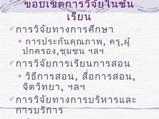 ขอบเขตการวิจ ย ในชั้น
ั
เรีย น

การวิจ ัย ทางการศึก ษา

การประกัน คุณ ภาพ, ครู, ผู้
ปกครอง, ชุม ชน ฯลฯ

การวิจ ัย การเรีย นการสอน
วิธ ีก ารสอน, สื่อ การสอน,
จิต วิท ยา, ฯลฯ
การวิจ ัย ทางการบริห ารและ
การบริก าร

 