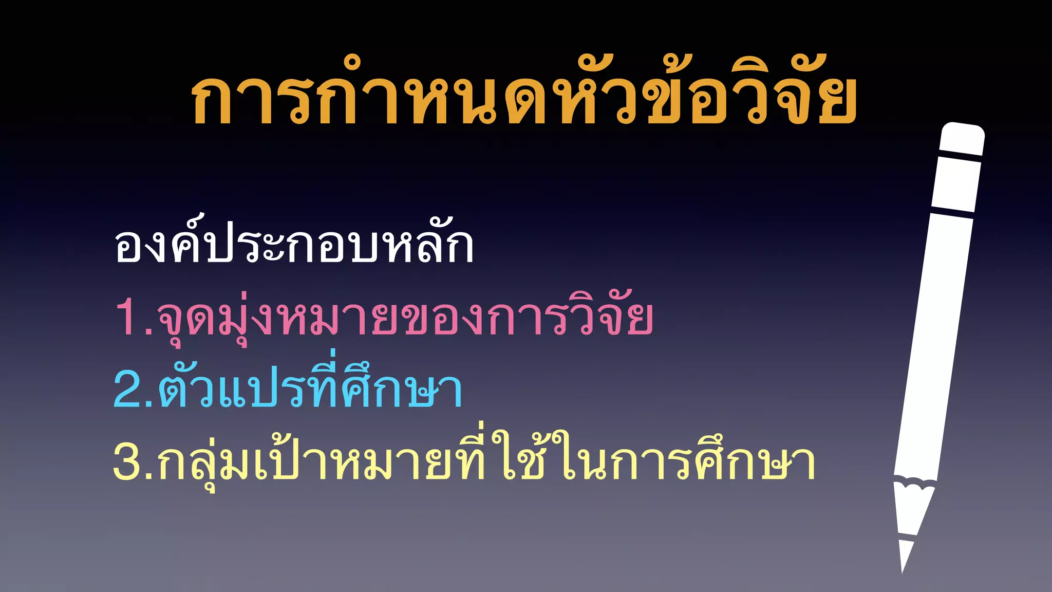 การกำหนดหัวข้อวิจัย
องค์ประกอบหลัก
1.จุดมุ่งหมายของการวิจัย
2.ตัวแปรที่ศึกษา
3.กลุ่มเป้าหมายที่ใช้ในการศึกษา
 