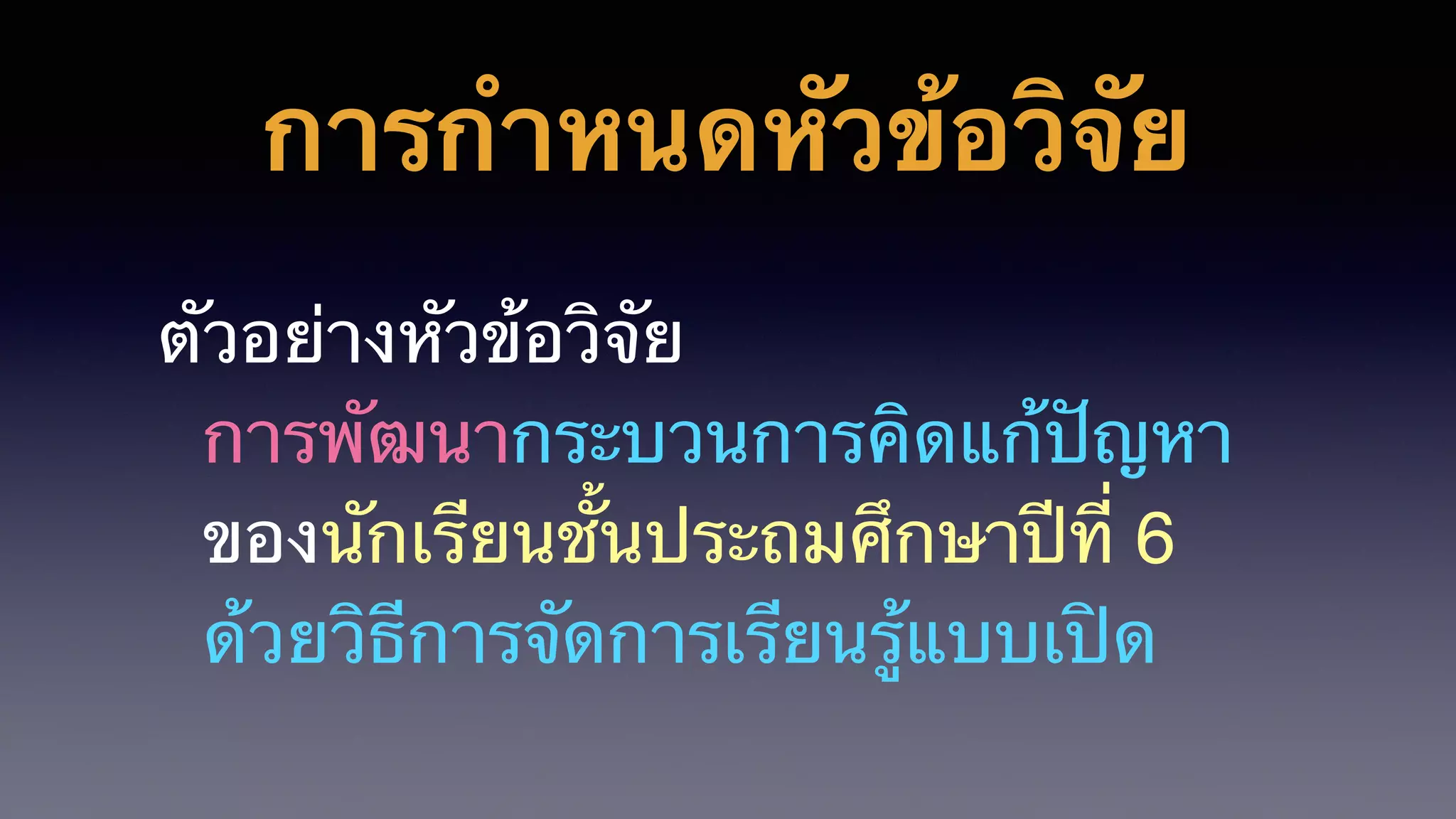 การกำหนดหัวข้อวิจัย
ตัวอย่างหัวข้อวิจัย
การพัฒนากระบวนการคิดแก้ปัญหา
ของนักเรียนชั้นประถมศึกษาปีที่ 6 
ด้วยวิธีการจัดการเรียนรู้แบบเปิด
 