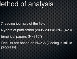 Method of analysis

 7 leading journals of the field
 4 years of publication (2005-2008)* (N=1,423)
 Empirical papers (N=315*)
 Results are based on N=265 (Coding is still in
 progress)
 