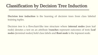 Classification by Decision Tree Induction
Decision tree induction is the learning of decision trees from class labeled
training tuples.
Decision tree is a flowchart-like tree structure where internal nodes (non leaf
node) denotes a test on an attribute branches represent outcomes of tests Leaf
nodes (terminal nodes) hold class labels and Root node is the topmost node.
 