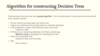 Algorithm for constructing Decision Tress
Constructing a Decision tree uses greedy algorithm. Tree is constructed in a top-down recursive divide-
and-conquer manner.
• At start, all the training tuples are at the root
• Tuples are partitioned recursively based on selected attributes
• If all samples for a given node belong to the same class
Label the class
• If There are no remaining attributes for further partitioning
Majority voting is employed for classifying the leaf
• There are no samples left
Label the class and terminate
• Else
Got to step 2
 