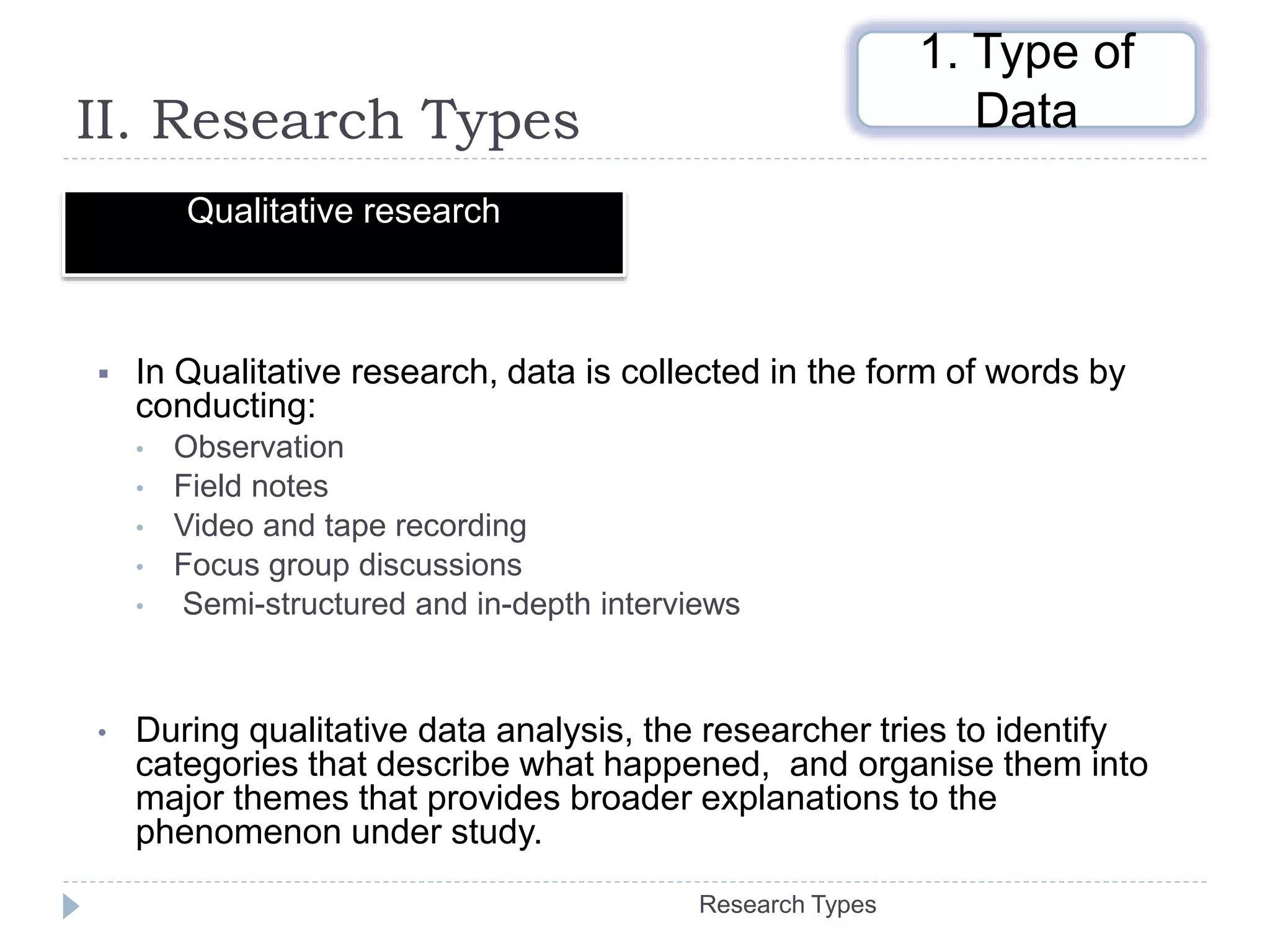 II. Research Types
Qualitative research
 In Qualitative research, data is collected in the form of words by
conducting:
• Observation
• Field notes
• Video and tape recording
• Focus group discussions
• Semi-structured and in-depth interviews
• During qualitative data analysis, the researcher tries to identify
categories that describe what happened, and organise them into
major themes that provides broader explanations to the
phenomenon under study.
1. Type of
Data
Research Types
 