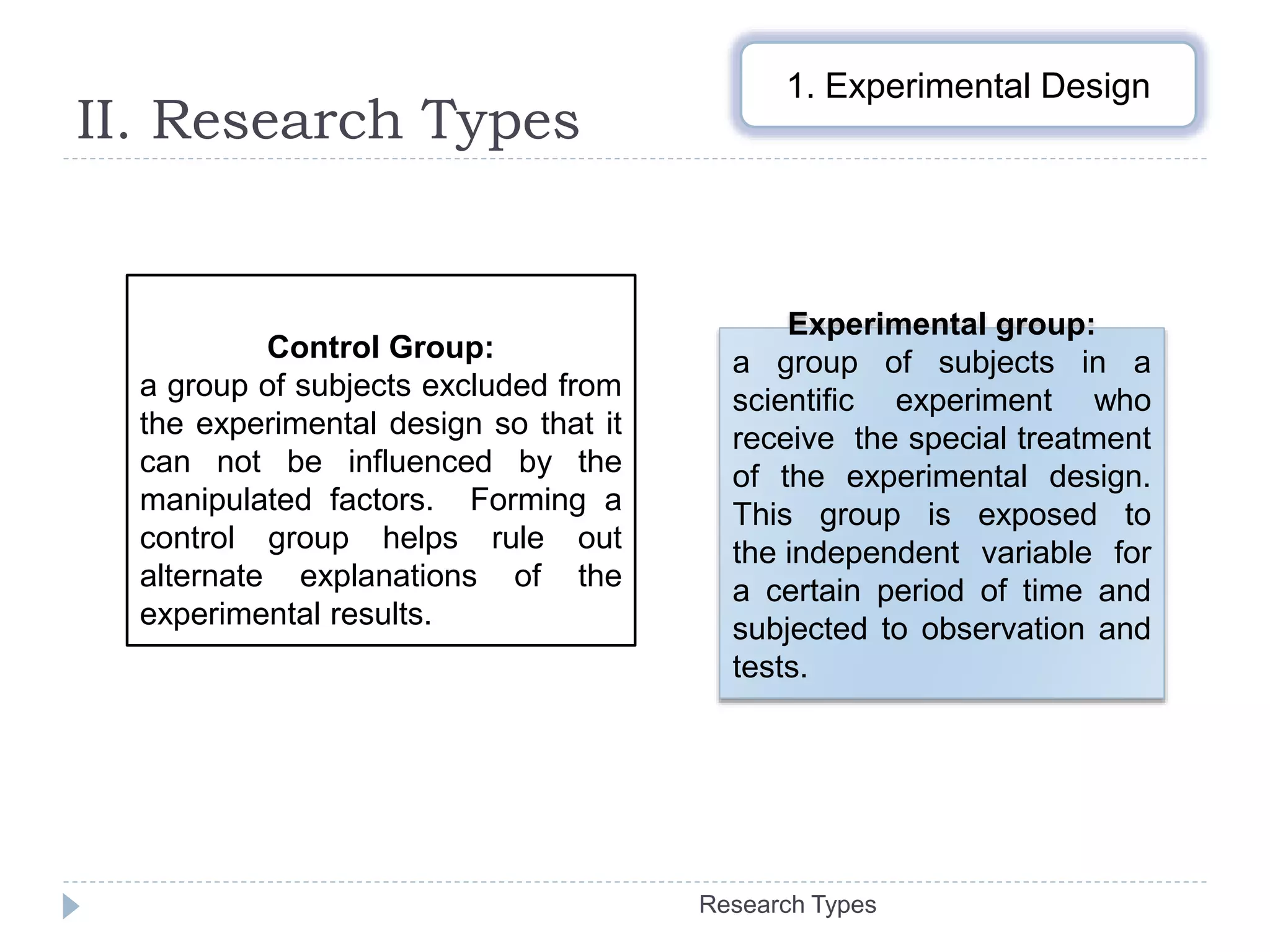 II. Research Types
Research Types
1. Experimental Design
Control Group:
a group of subjects excluded from
the experimental design so that it
can not be influenced by the
manipulated factors. Forming a
control group helps rule out
alternate explanations of the
experimental results.
Experimental group:
a group of subjects in a
scientific experiment who
receive the special treatment
of the experimental design.
This group is exposed to
the independent variable for
a certain period of time and
subjected to observation and
tests.
 