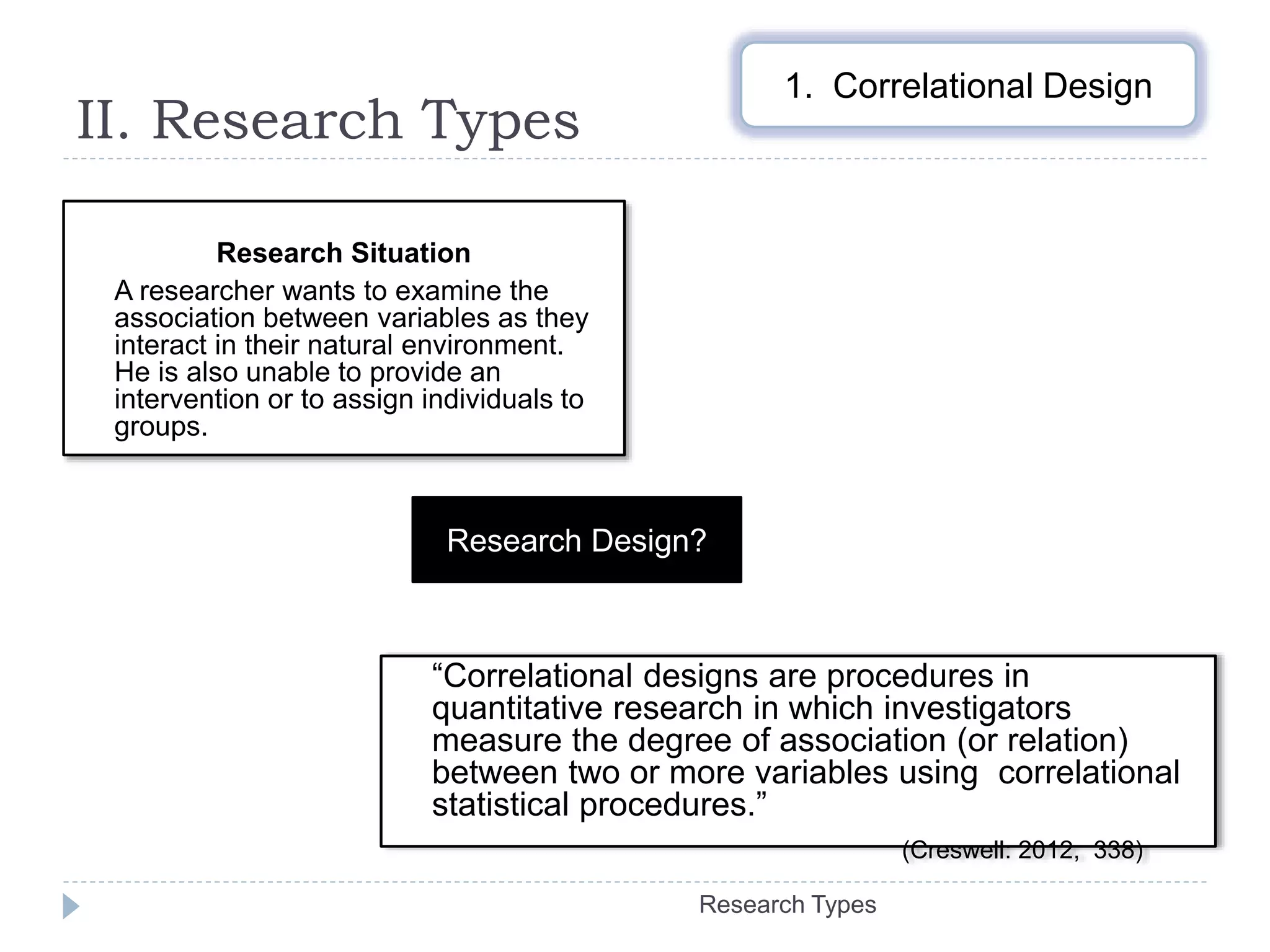 II. Research Types
Research Types
Research Situation
A researcher wants to examine the
association between variables as they
interact in their natural environment.
He is also unable to provide an
intervention or to assign individuals to
groups.
“Correlational designs are procedures in
quantitative research in which investigators
measure the degree of association (or relation)
between two or more variables using correlational
statistical procedures.”
(Creswell: 2012, 338)
1. Correlational Design
Research Design?
 
