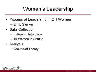 • Process of Leadership in OH Women
– Emily Stecker
• Data Collection
– In-Person Interviews
– 10 Women in Seattle
• Analy...