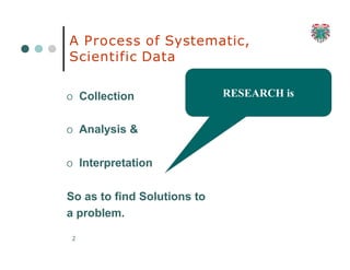 RESEARCH is
2
A Process of Systematic,
Scientific Data
O Collection
O Analysis &
O Interpretation
So as to find Solutions to
a problem.
 