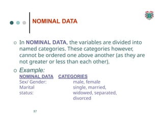 NOMINAL DATA
87
O In NOMINAL DATA, the variables are divided into
named categories. These categories however,
cannot be ordered one above another (as they are
not greater or less than each other).
O Example:
NOMINAL DATA
Sex/ Gender:
Marital
status:
CATEGORIES
male, female
single, married,
widowed, separated,
divorced
 