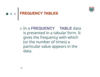 FREQUENCY TABLES
92
O In a FREQUENCY TABLE data
is presented in a tabular form. It
gives the frequency with which
(or the number of times) a
particular value appears in the
data.
 