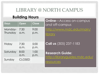 LIBRARY @ NORTH CAMPUS
Days Open Close
Monday-
Thursday
7:30
a.m.
9:00
p.m.
Friday 7:30
a.m.
5:00
p.m.
Saturday 8:00
a.m.
1:00
p.m.
Sunday CLOSED
Online—Access on-campus
and off-campus
http://www.mdc.edu/main/
library
Call us (305) 237-1183
Research Guide:
http://libraryguides.mdc.edu/
resources
Building Hours
 