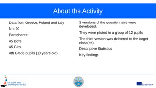 About the Activity
Data from Greece, Poland and Italy
N = 90
Participants:
45 Boys
45 Girls
4th Grade pupils (10 years old...