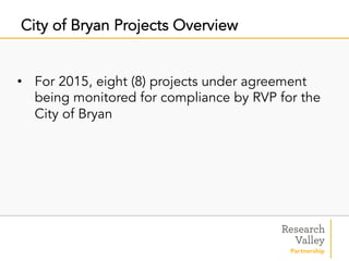 •  For 2015, eight (8) projects under agreement
being monitored for compliance by RVP for the
City of Bryan
City of Bryan Projects Overview
 