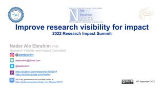 aleebrahim@Gmail.com
@aleebrahim
https://publons.com/researcher/1692944
https://scholar.google.com/citation
Nader Ale Ebrahim, PhD
Research Visibility and Impact Consultant
30th September 2022
All of my presentations are available online at:
https://figshare.com/authors/Nader_Ale_Ebrahim/100797
@aleebrahim
Improve research visibility for impact
2022 Research Impact Summit
 