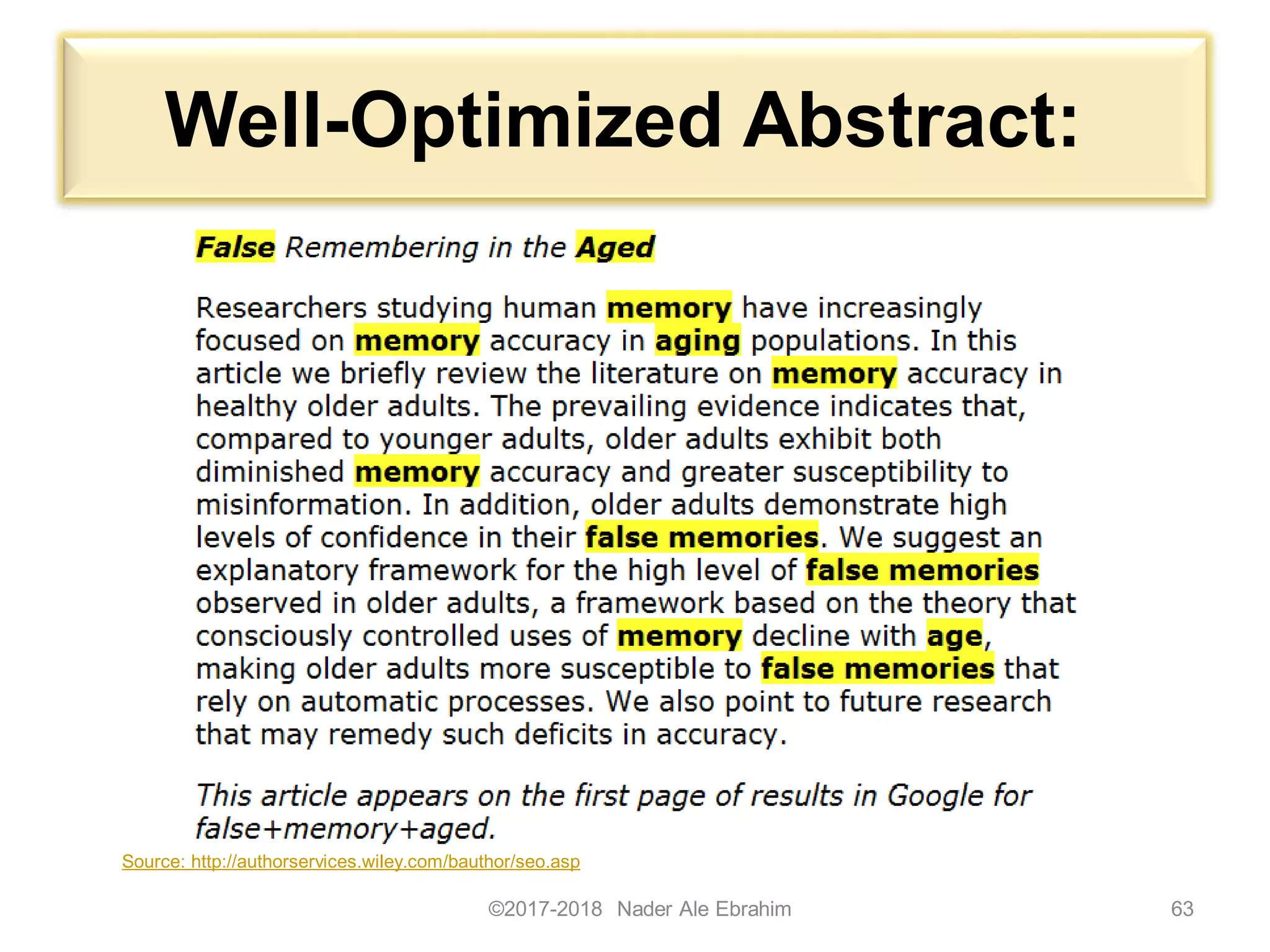 Well-Optimized Abstract:
©2017-2018 Nader Ale Ebrahim 63
Source: http://authorservices.wiley.com/bauthor/seo.asp
 