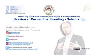 aleebrahim@Gmail.com
@aleebrahim
https://orcid.org/0000-0001-7091-4439
https://scholar.google.com/citation
Nader Ale Ebrahim, PhD
Research Visibility and Impact Consultant
11th March 2023
All of my presentations are available online at:
https://figshare.com/authors/Nader_Ale_Ebrahim/100797
@aleebrahim
Maximizing Your Research Visibility and Impact: A Step-by-Step Guide
Session 4: Researcher Branding - Networking
 