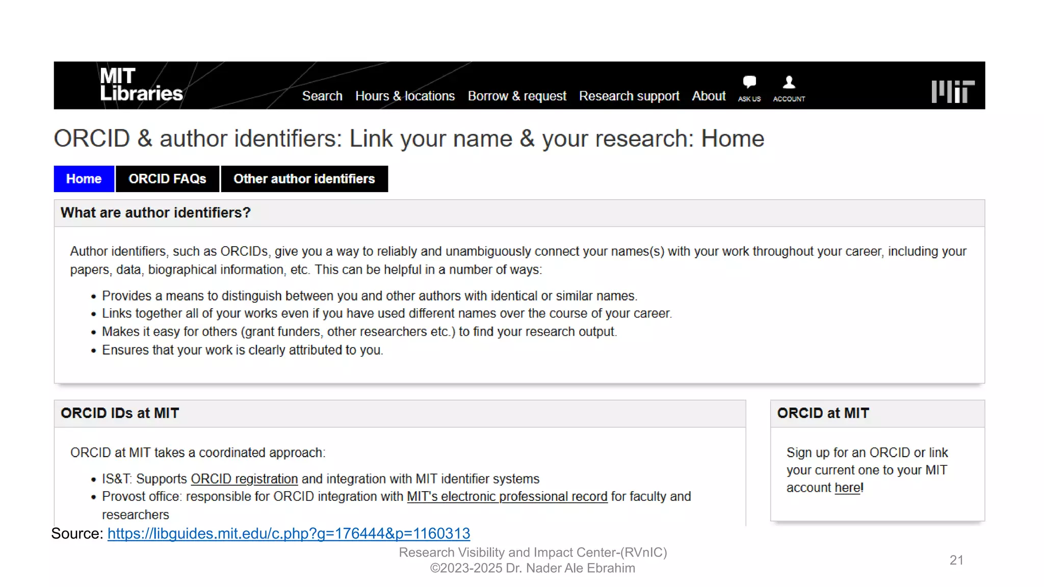 Research Visibility and Impact Center-(RVnIC)
©2023-2025 Dr. Nader Ale Ebrahim
21
Source: https://libguides.mit.edu/c.php?g=176444&p=1160313
 