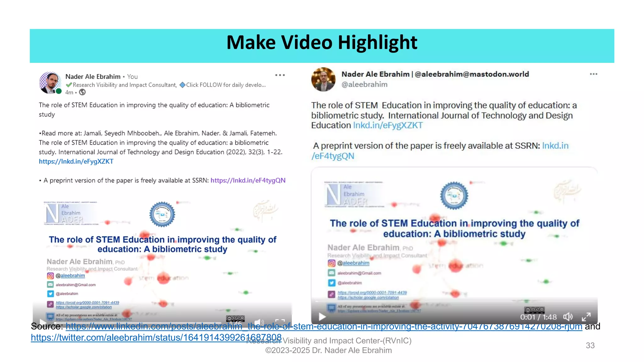 Make Video Highlight
Research Visibility and Impact Center-(RVnIC)
©2023-2025 Dr. Nader Ale Ebrahim
33
Source: https://www.linkedin.com/posts/aleebrahim_the-role-of-stem-education-in-improving-the-activity-7047673876914270208-rj0m and
https://twitter.com/aleebrahim/status/1641914399261687808
 